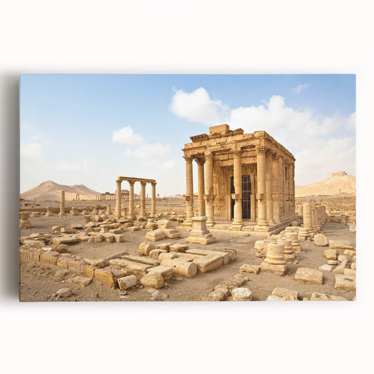 Black and white stretched canvas featuring a panoramic view of Middle Eastern scenery, ideal for kitchen wall art.