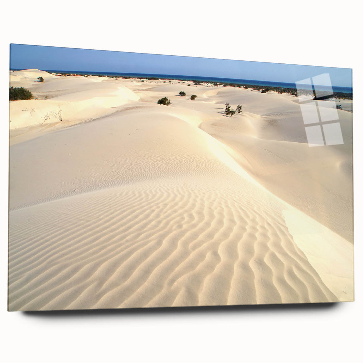 Large abstract wall art depicting a Middle Eastern scenery in muted earth tones on acrylic glass.