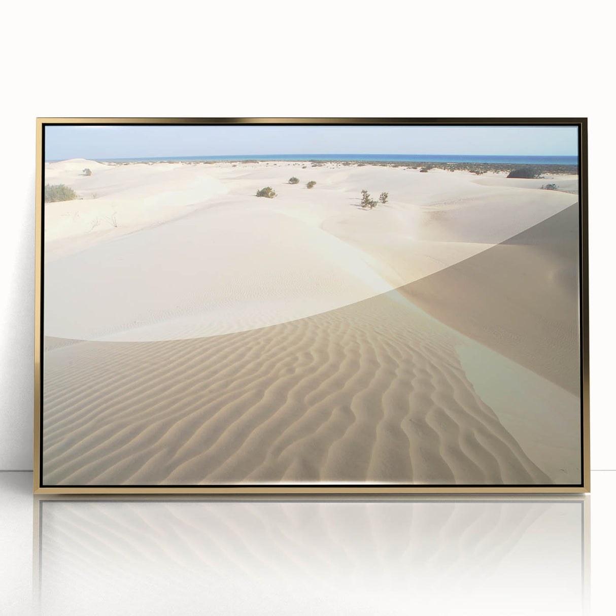 Mid-century modernist art of a Middle Eastern scenery in gold and earth tones, acrylic print framed.