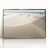 Mid-century modernist art of a Middle Eastern scenery in gold and earth tones, acrylic print framed.