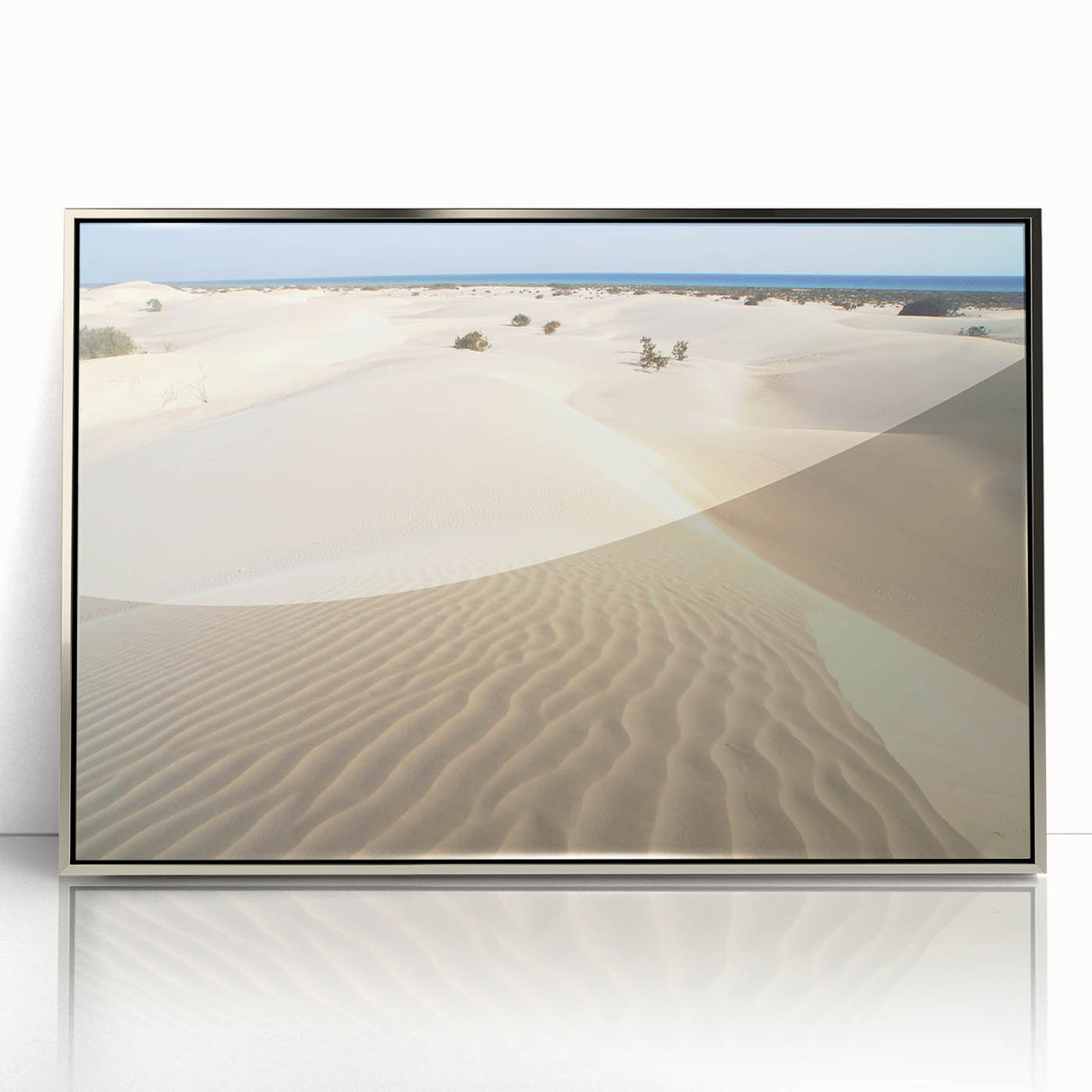 Mid-century modernist acrylic print depicting a Middle Eastern landscape in muted silver tones, suited for nursery wall art.