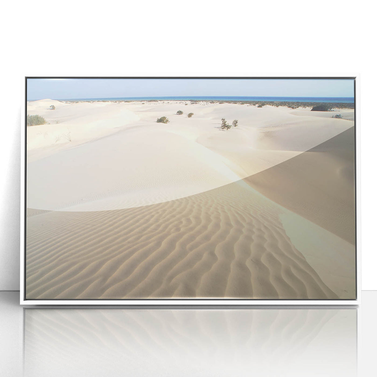 Acrylic print of a Middle-Eastern cityscape in muted earth tones, framed in white, suitable for modern art wall decor.