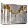 Abstract depiction of Abu Dhabi skyline in muted gray and blue tones on large acrylic glass.