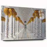 Abstract depiction of Abu Dhabi skyline in muted gray and blue tones on large acrylic glass.