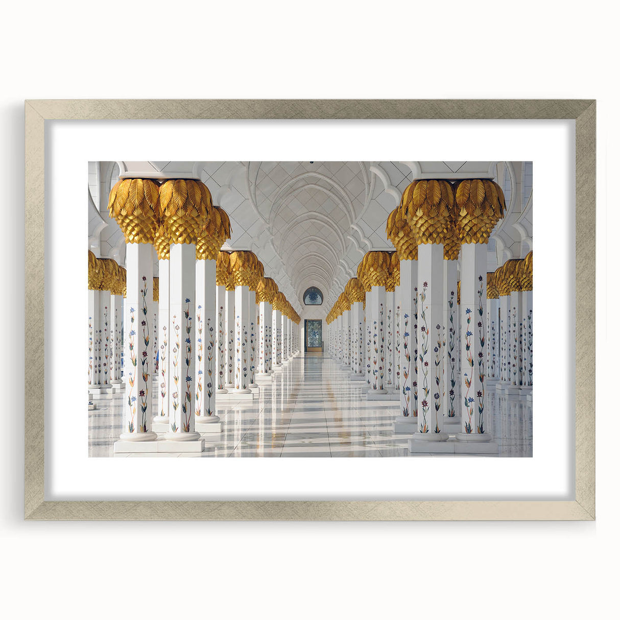 Textured abstract art print of a serene Abu Dhabi scenery in muted earth tones on a framed canvas, suitable for bedroom art.