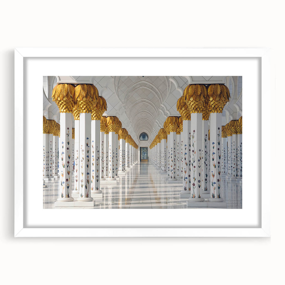 Abstract art print of Abu Dhabi skyline in muted gray and blue tones on a framed white mat.