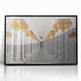Large abstract wall art depicting the Abu Dhabi skyline in muted gray and blue tones, framed in black acrylic.
