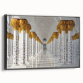Framed canvas of a black and white vintage poster featuring the Abu Dhabi skyline, suitable for bedroom wall decor.