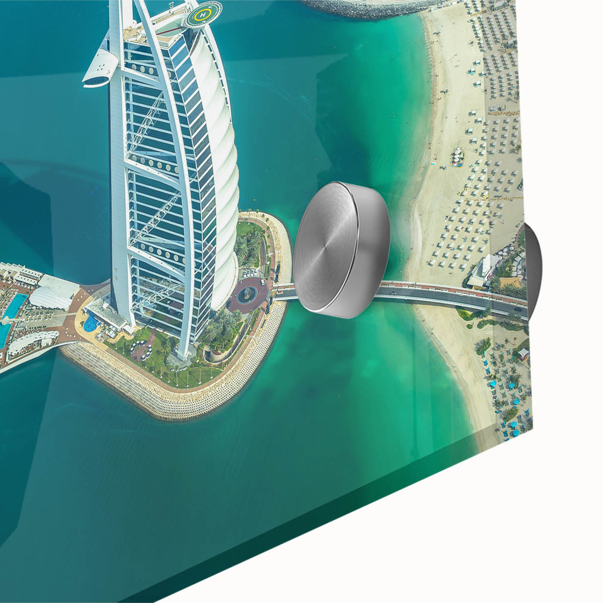 Large abstract wall art of the Burj Al Arab in muted blue tones on acrylic glass, ideal for dining room decor.