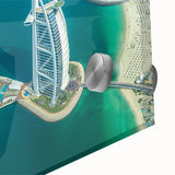 Large abstract wall art of the Burj Al Arab in muted blue tones on acrylic glass, ideal for dining room decor.