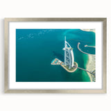 Textured art print of the Burj Al Arab with abstract style and cool silver tones on a framed canvas.