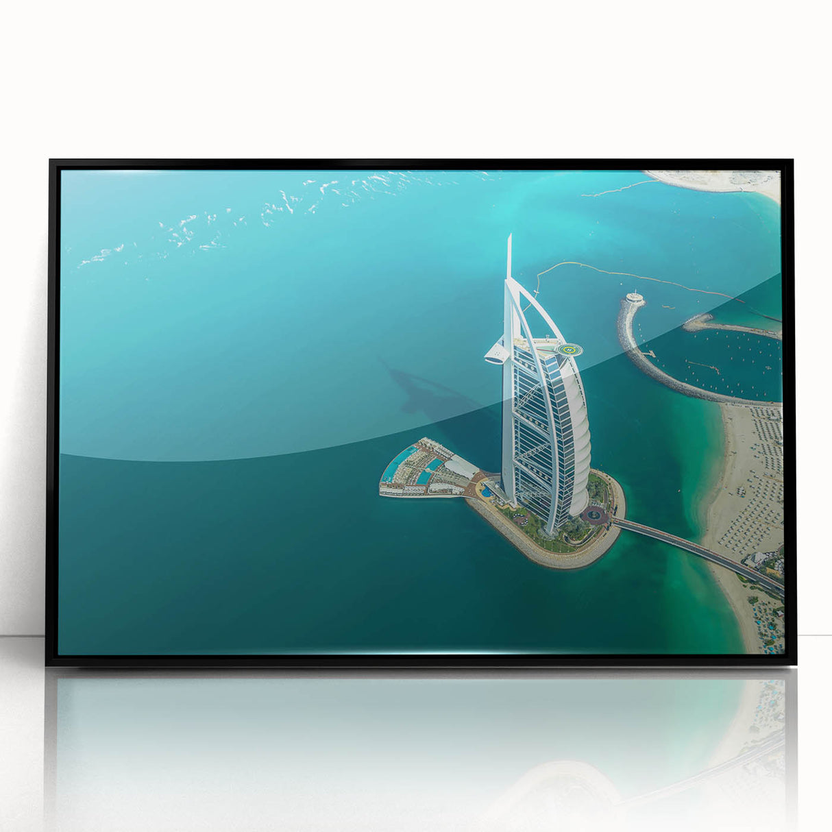 Large abstract wall art featuring the Burj Al Arab in muted gray tones on a framed acrylic.