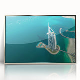 Mid-century modernist art of Burj Al Arab in muted silver and gray tones on framed acrylic.