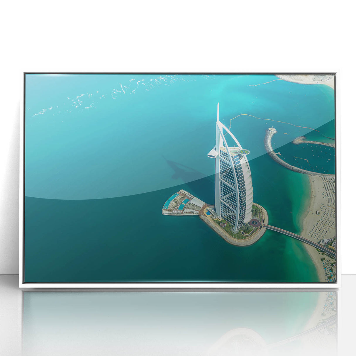 Art deco poster of the Burj Al Arab with muted blue and white tones on framed acrylic, suitable for modern art wall decor.