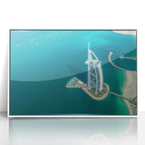 Art deco poster of the Burj Al Arab with muted blue and white tones on framed acrylic, suitable for modern art wall decor.