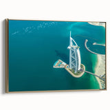 Framed canvas wall art depicting the Burj Al Arab in muted gold and black tones, ideal for bedroom decor.