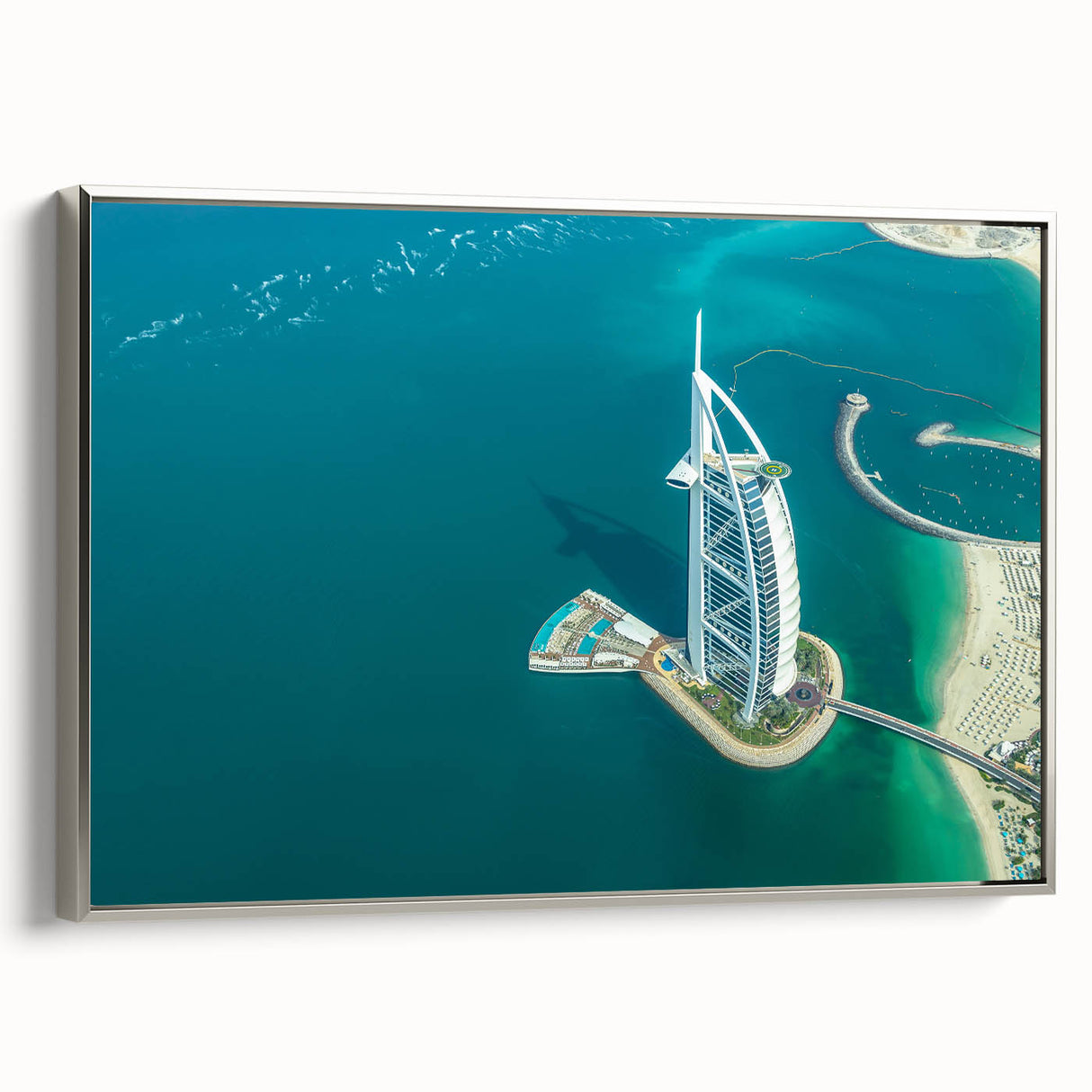 Framed canvas landscape art painting depicting the Burj Al Arab in muted silver and black tones.
