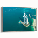 Framed canvas landscape art painting depicting the Burj Al Arab in muted silver and black tones.