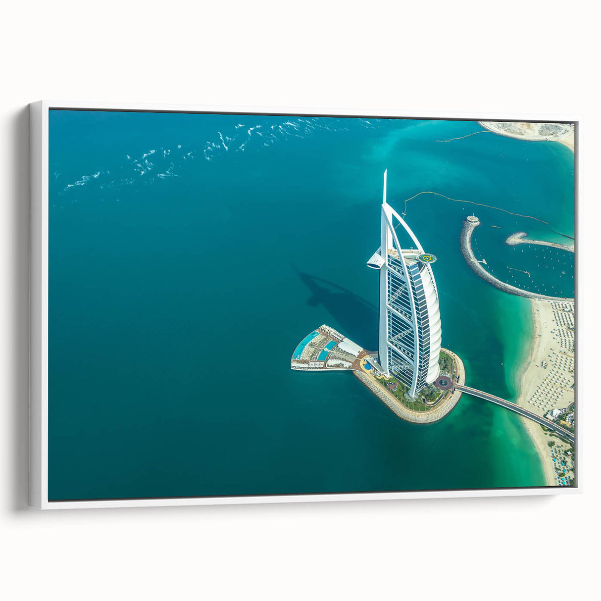 Vintage poster art of Burj Al Arab on framed canvas, featuring colorful art on a black background.