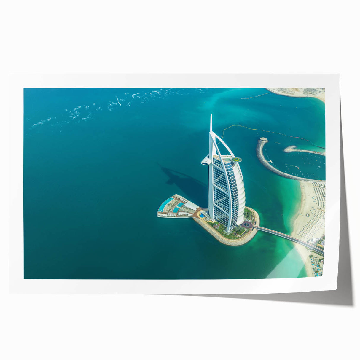 Extra large wall art featuring the Burj Al Arab in neutral tones on a rolled canvas, suitable for dining room decor.