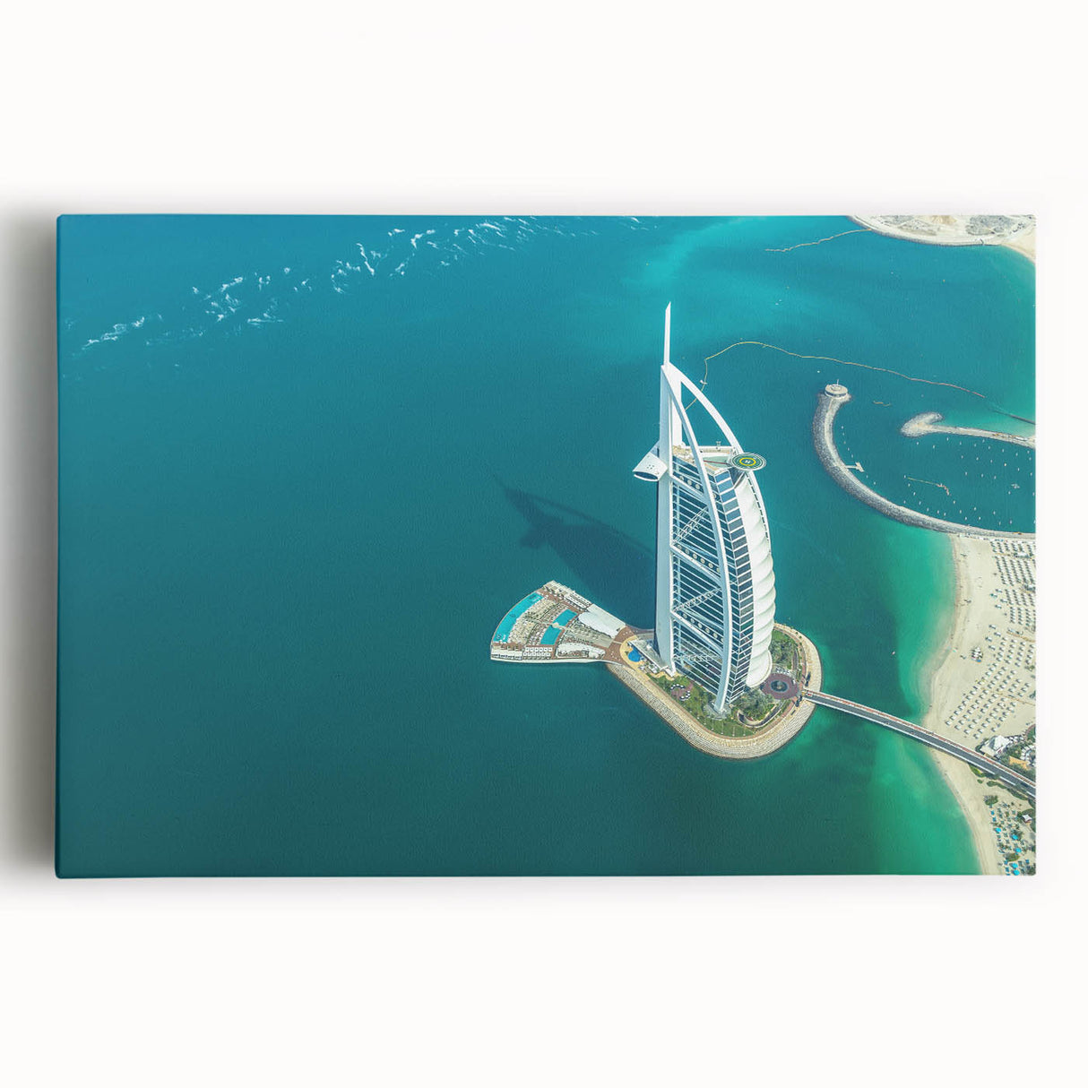 Black and white photograph of Burj Al Arab on stretched canvas, ideal for kitchen wall art.