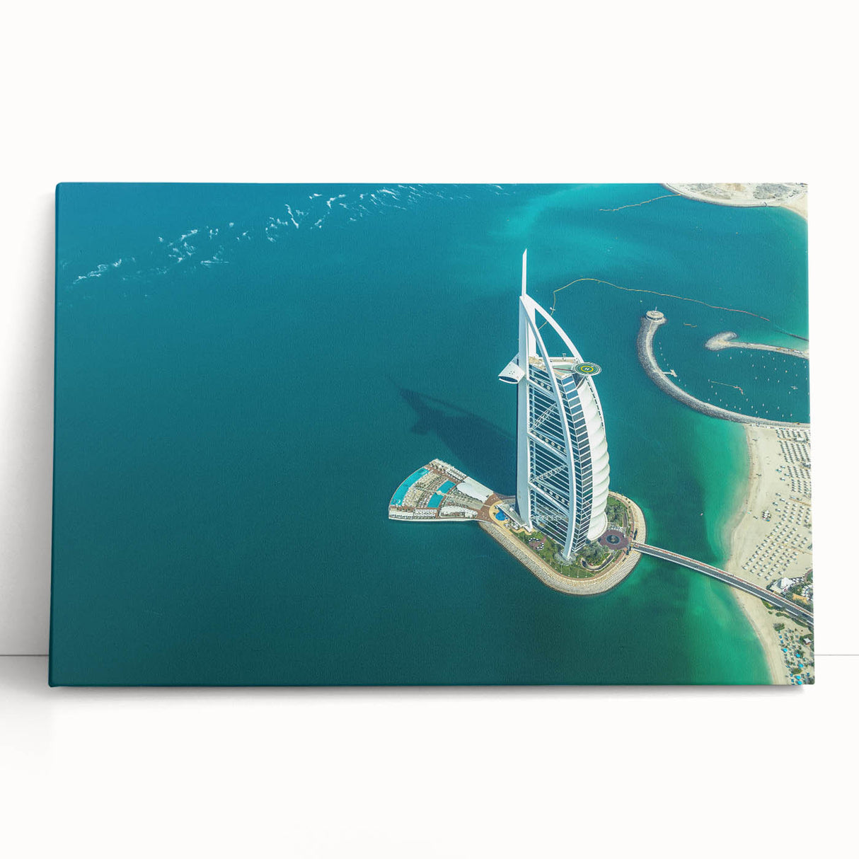 Black and white photo of Burj Al Arab on stretched canvas, ideal for kitchen wall art or bedroom ambiance.