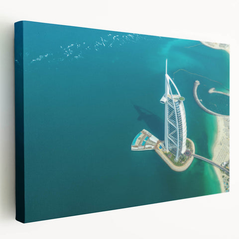 Dubai skyline featuring Burj Al Arab in muted gray tones on a large stretched canvas, suitable for kitchen wall art.