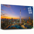 Acrylic print of Burj Khalifa with neutral and blue tones, ideal for modern dining room decor.