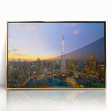 Framed acrylic print of Burj Khalifa skyline in gold and black tones, ideal for modern art wall decor.