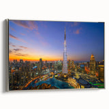 Framed canvas featuring a grayscale image of the Burj Khalifa, ideal for modern office decor.