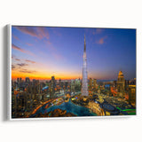Vintage poster art of Burj Khalifa with colorful skyline on extra large framed canvas, ideal for living room decor.