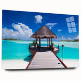 Acrylic print of a serene Bora Bora landscape, featuring turquoise waters and lush greenery.