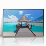 Mid-century modernist art of Bora Bora landscape in vibrant blues and greens on a framed acrylic, ideal for nursery wall art.