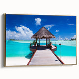 Framed canvas of a serene Bora Bora landscape in muted blues and greens, ideal for bedroom wall art.