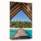 Acrylic print of a Tahitian coastline in muted blue and green tones, ideal for bedroom or dining room decor.