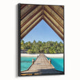 Black and white framed canvas of a Tahitian landscape, featuring silhouetted palm trees against a sky.