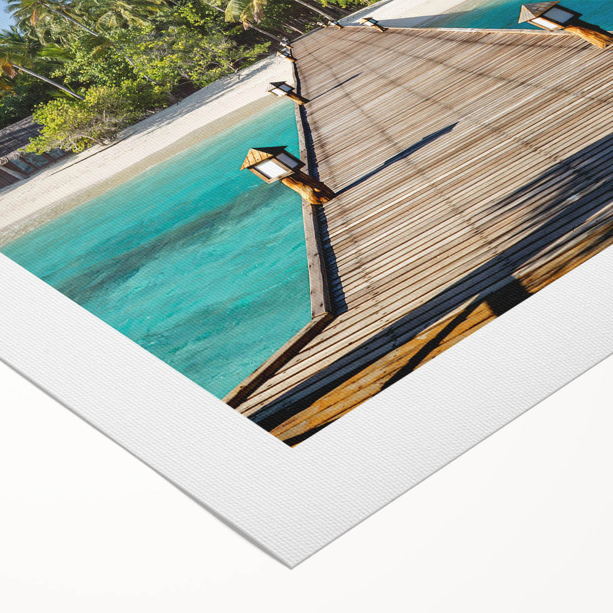 Art deco poster of a serene Tahitian landscape with ocean and palm trees in muted blues and greens, on rolled canvas.