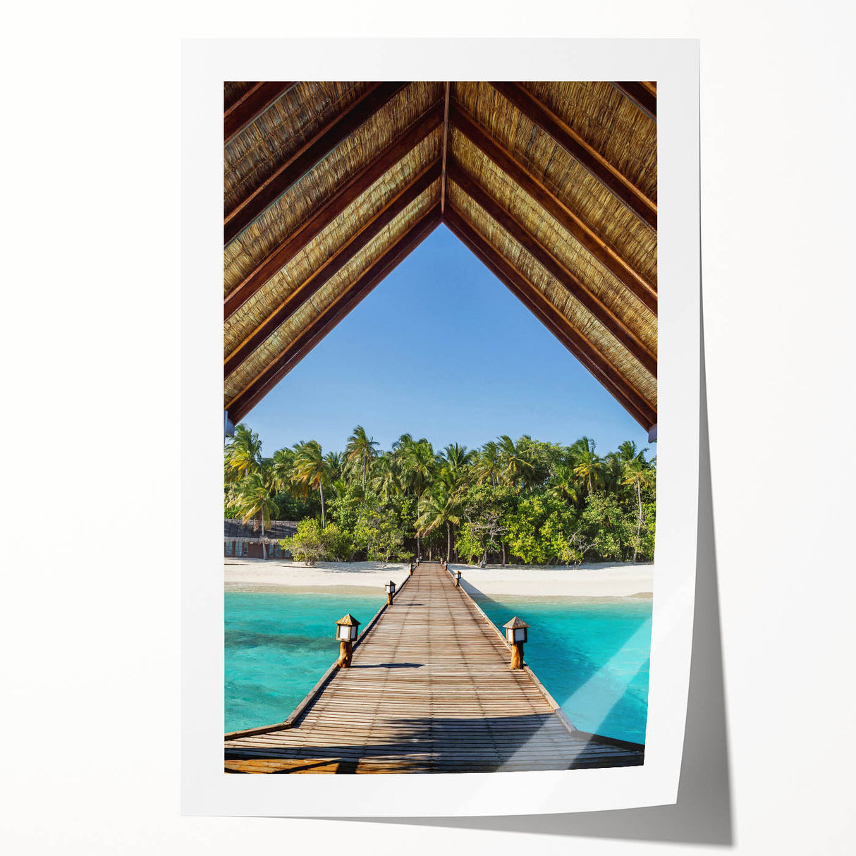 Rolled print of Tahitian landscape with lush greenery and ocean view, in vibrant green and blue tones.