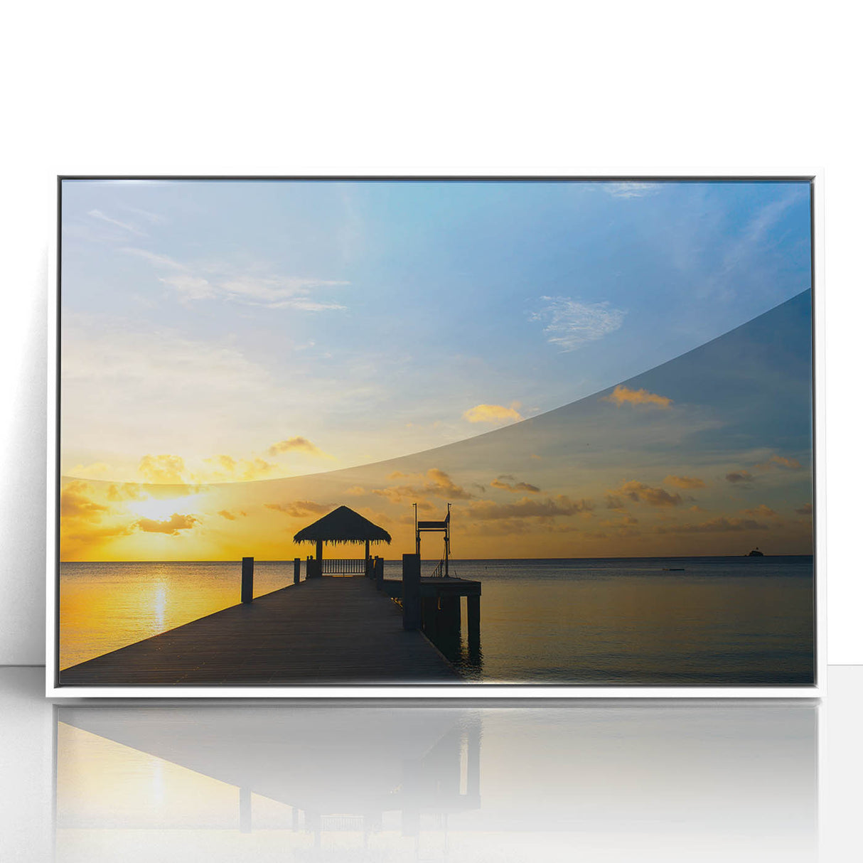 Art Deco-style poster of an Oceania scenery in pastel blue and pink, framed acrylic, ideal for nursery wall art.