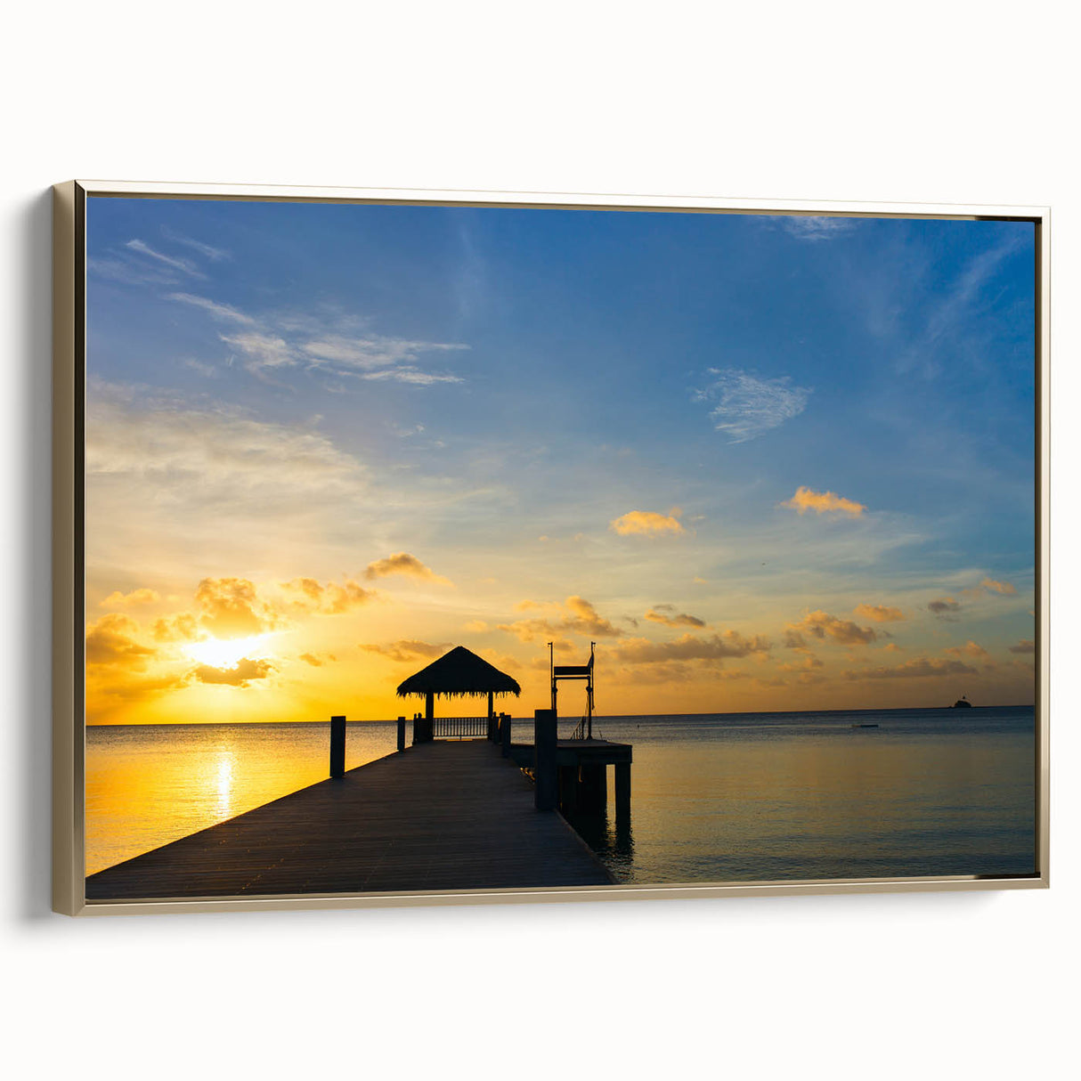 Framed canvas depicting a vintage-style Micronesian landscape in muted gold and black tones, ideal for bedroom wall art.