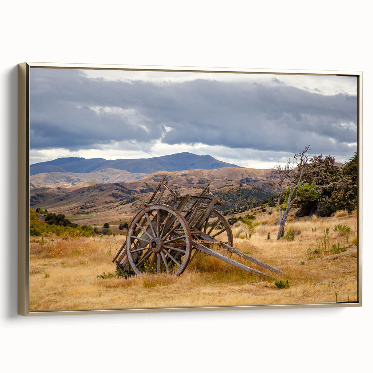Framed canvas depicting a vintage-style New Zealand Otago landscape in muted gold and black tones.