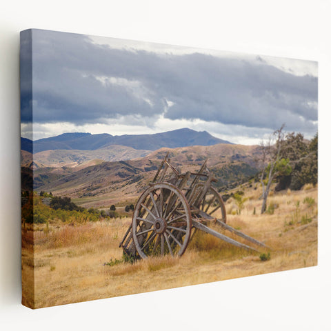 New Zealand Otago landscape on large stretched canvas, featuring muted green and blue tones, suitable for kitchen wall art.