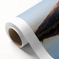 Art deco poster of Taranaki, New Zealand landscape in muted green and blue tones on rolled canvas.