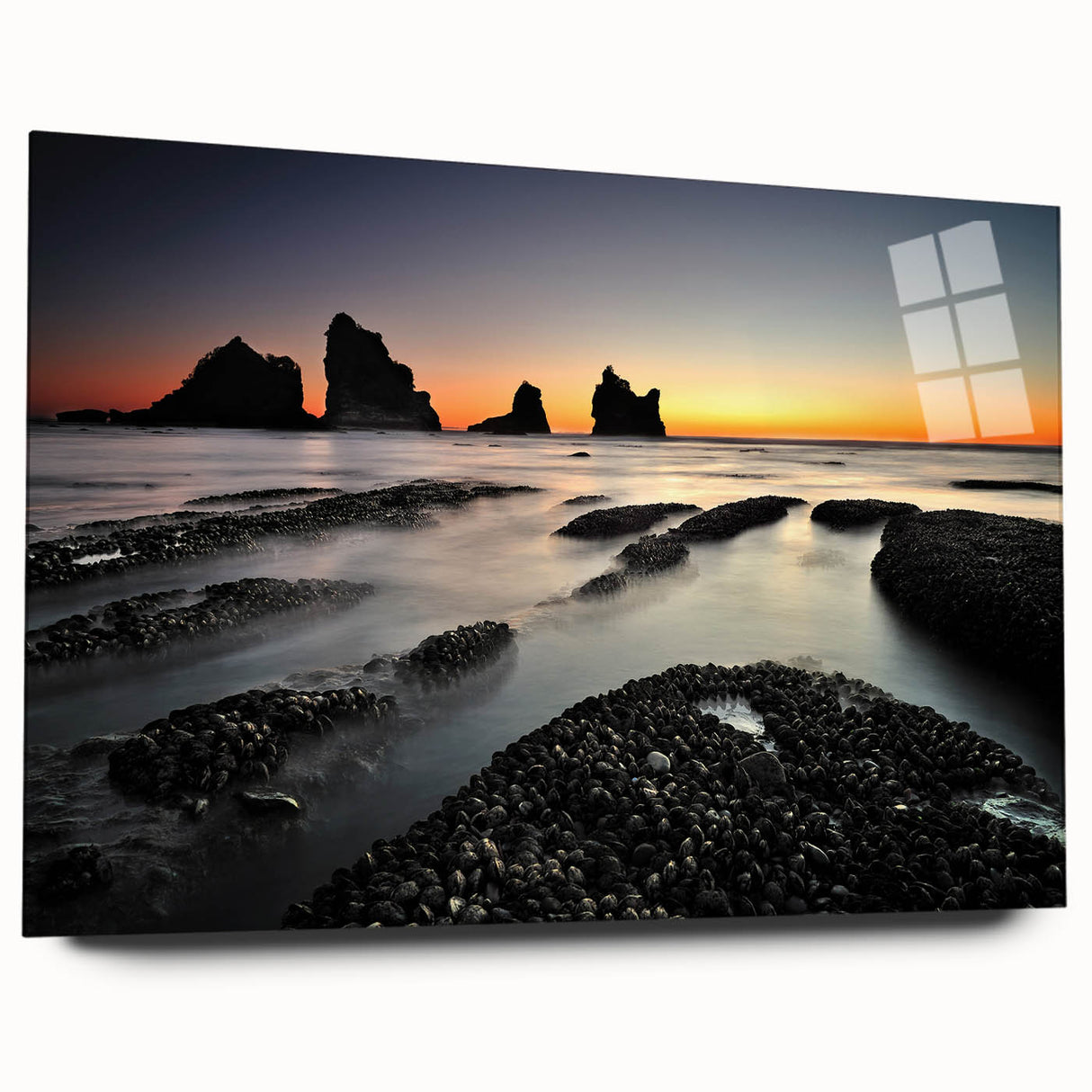 Large abstract wall art of New Zealand's West Coast in muted blue and gray tones on acrylic glass.