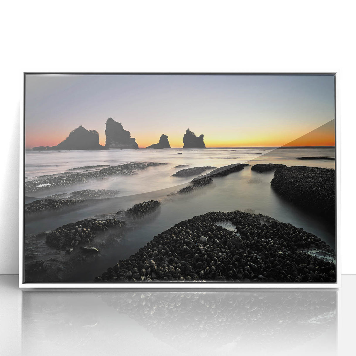 Art deco poster featuring a serene New Zealand West Coast scenery in muted blue and green tones, framed acrylic.