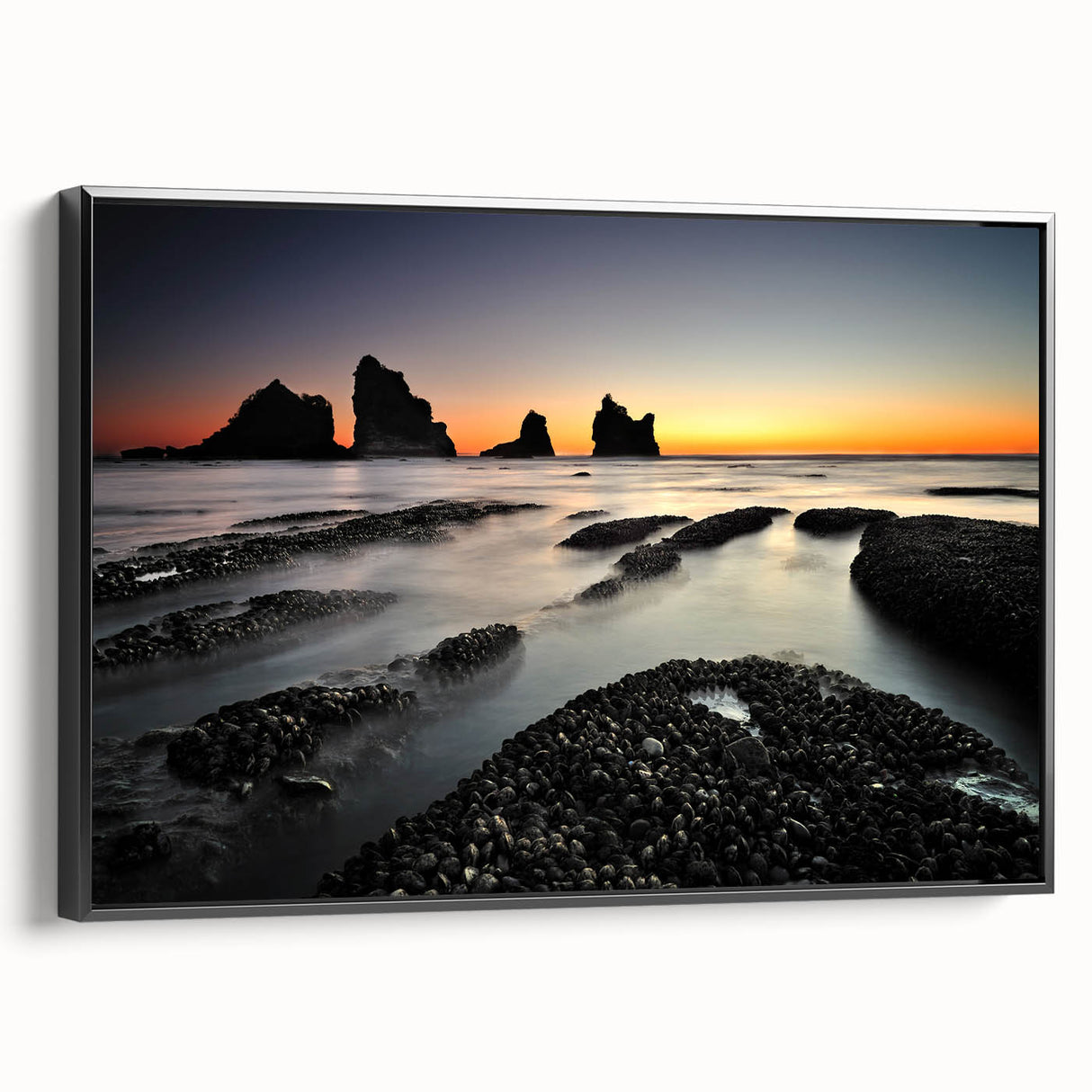 Black and white landscape art painting of New Zealand’s West Coast on framed canvas, ideal for bedroom wall decor.