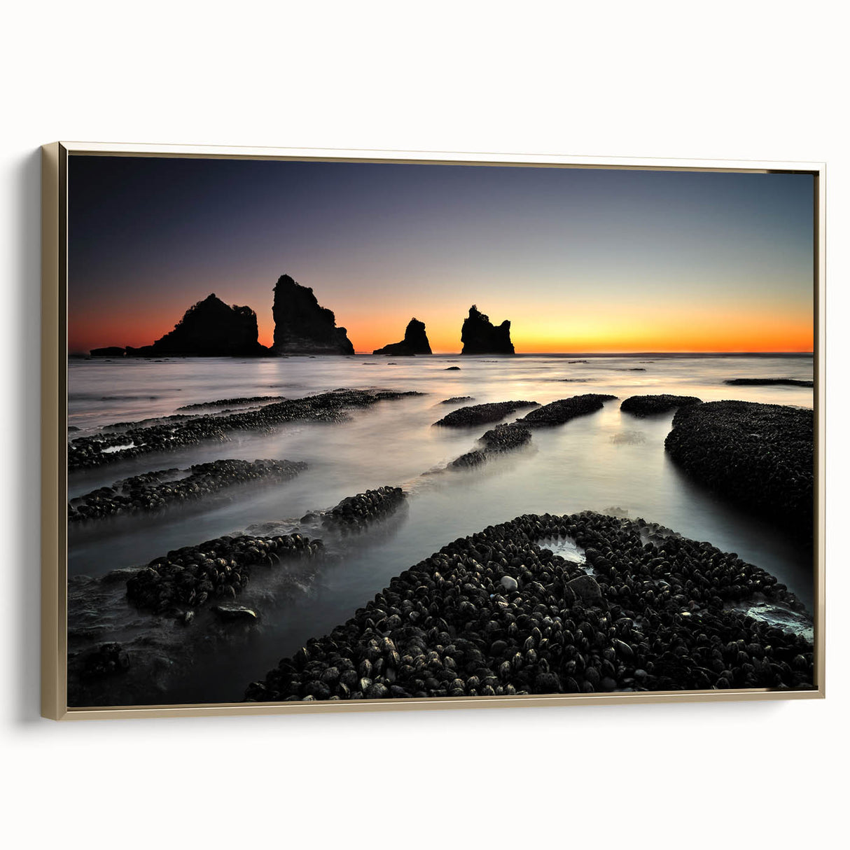 Framed canvas of a vintage-style black and gold New Zealand West Coast landscape, ideal for bedroom wall art.