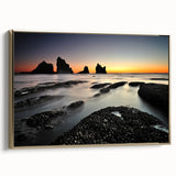 Framed canvas of a vintage-style black and gold New Zealand West Coast landscape, ideal for bedroom wall art.