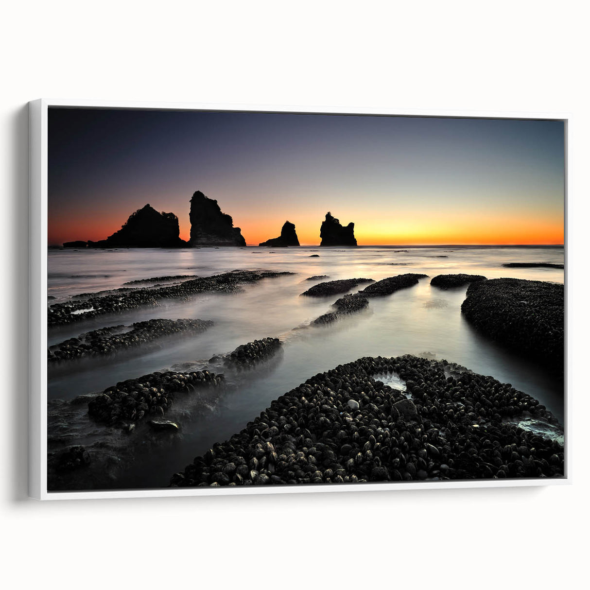 Vintage poster art of New Zealand's West Coast in vibrant colors on a framed canvas, ideal for living room decor.