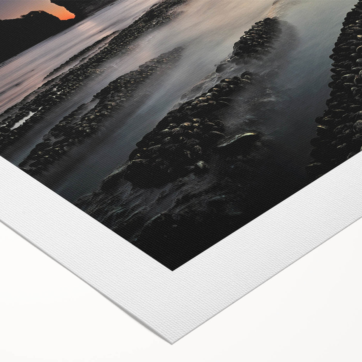 Art deco poster featuring a serene New Zealand West Coast landscape in muted green and blue tones on rolled canvas.